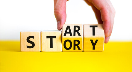 Start your story symbol. Businessman turns wooden cubes and changes the concept word Start to...