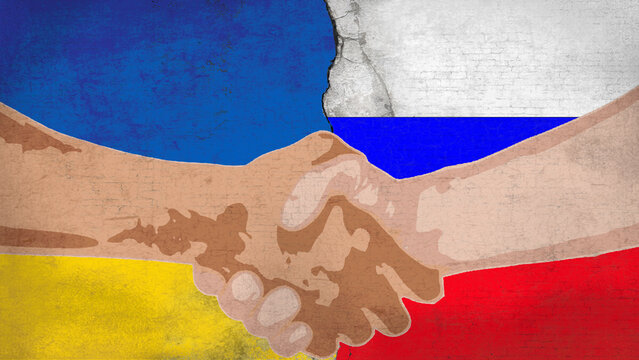 Handshake between Ukraine and Russia The background is the flags of both countries.