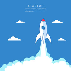 Rocket ship launch Startup background illustration. Concept of business product on market, startup, growth, creative idea. VECTOR EPS10.