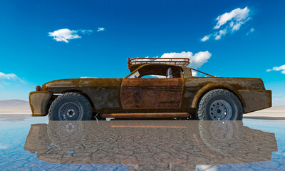 rusty vehicle is sinking in the mud on the desert after rain side view