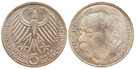 Germany - circa 1975: a 5 Deutsche Mark coin of the Federal Republic of Germany with the cote of...