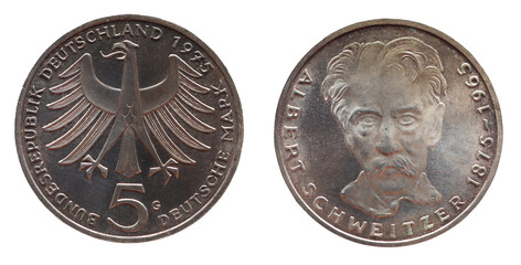  5 Deutsche Mark coin of the Federal Republic of Germany with the cote of arm eagle and a portrait...
