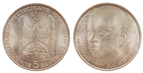 5 Deutsche Mark coin of the Federal Republic of Germany with the cote of arm eagle and a portrait of the German politician and statesman of the Weimar Republic Gustav Ernst Stresemann
