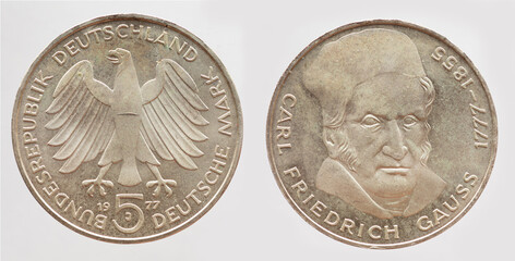 5 Deutsche Mark coin of the Federal Republic of Germany with the cote of arm eagle and a portrait...