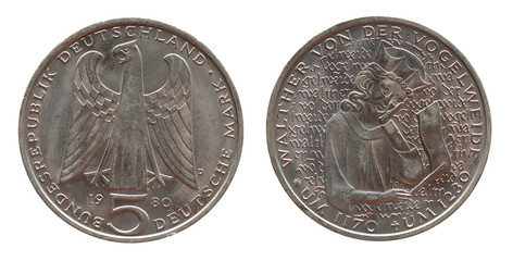 Germany - circa 1980: a 5 Deutsche Mark coin of the Federal Republic of Germany with the cote of...
