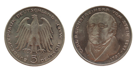  5 Deutsche Mark coin of the Federal Republic of Germany with the cote of arm eagle and a portrait of the Prussian statesman and reformer Heinrich Friedrich Karl vom und zum Stein.