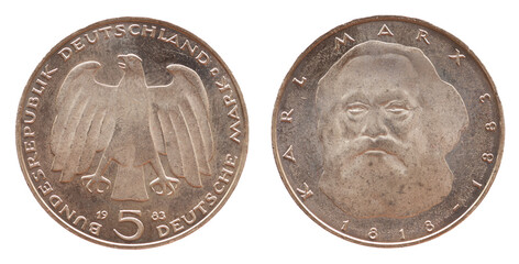  5 Deutsche Mark coin of the Federal Republic of Germany with the cote of arm eagle and a portrait...