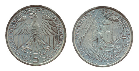 Germany - circa 1984: a 5 Deutsche Mark coin of the Federal Republic of Germany with the cote of...