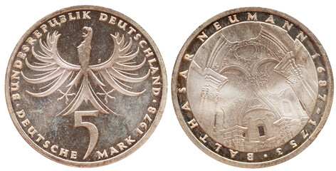 Germany - circa 1978: a 5 Deutsche Mark coin of the Federal Republic of Germany with the cote of arm eagle and a church vault by the Baroque master builder Balthasar Neumann