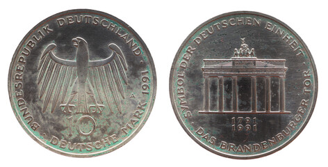 Germany - circa 1991 : a 10 German Mark coin of the Federal Republic of Germany with the cote of...
