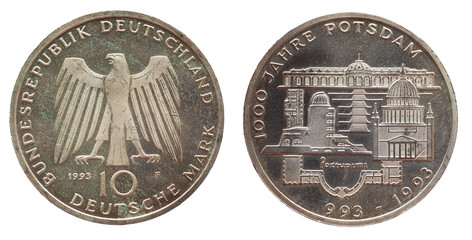 Germany - circa 1993: a 10 Deutsche Mark coin of the Federal Republic of Germany with the cote of...
