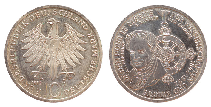 Germany - circa 1992: a 10 Deutsche Mark coin of the Federal Republic of Germany with the cote of arm eagle and the emblem of the Order of Merit and a portrait of Alexander von Humboldt .