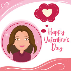 Happy girl avatar thinking of hearts Valentine day template Vector