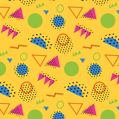 Memphis pattern 80's-90's styles on  background. Trendy memphis style. Colorful geometric pattern different shapes color style. Cover template design,abstract pattern, hipster fashion. Flat
