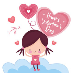 Isolated cute girl holding a heart shape balloon Valentine day Vector