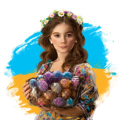 Easter illustration - girl with a basket of painted eggs
