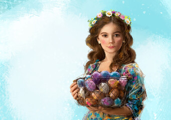 Easter illustration - girl with a basket of painted eggs