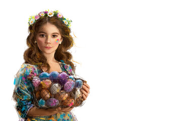 
Easter illustration - girl with a basket of painted eggs
