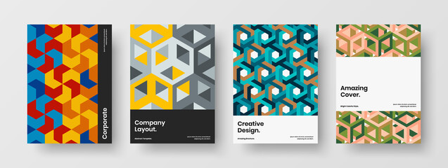 Modern mosaic hexagons presentation layout collection. Simple pamphlet A4 vector design illustration set.