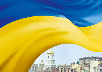 The national Ukrainian flag is superimposed on a background of blue and yellow colors. Ukraine's...