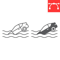 Car sinking line and glyph icon, insurance and accident, sinking car vector icon, vector graphics, editable stroke outline sign, eps 10.