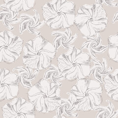 Botanical neutral seamless pattern, moonflowers lineart monochrome background - 492858847