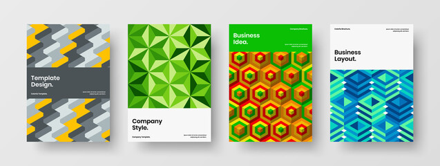 Colorful flyer A4 design vector concept collection. Original mosaic hexagons cover illustration set.