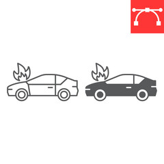 Car on fire line and glyph icon, insurance and accident, burning car vector icon, vector graphics, editable stroke outline sign, eps 10.