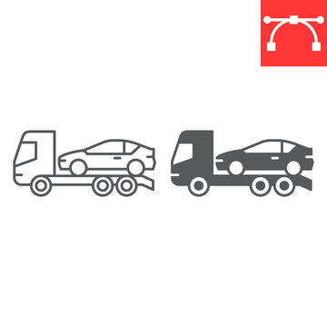 Car towing truck line and glyph icon, vehicle service and no parking, tow truck vector icon, vector graphics, editable stroke outline sign, eps 10.
