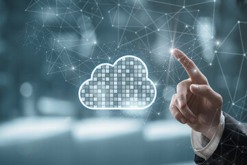 Hand clicks on network connection cloud related data.