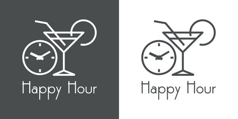 Logotipo con texto Happy Hour con silueta de copa de cocktail con esfera de reloj con líneas en fondo gris y fondo blanco © teracreonte