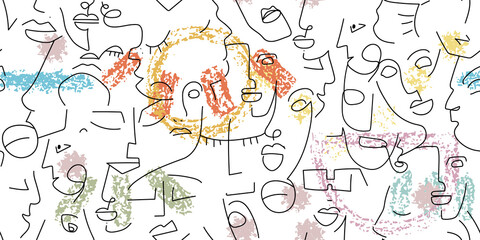 One line drawing. Abstract face seamless pattern.