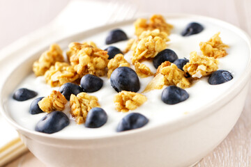 Yogurt with granola, nuts and blueberries in a ceramic plate.