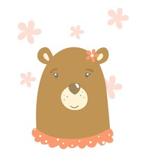 Brown bear in a dress. Cartoon she bear with pink flower.