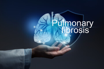 Medical banner Pulmonary fibrosis on blue background - obrazy, fototapety, plakaty
