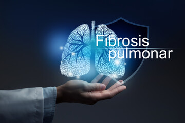 Medical banner Pulmonary fibrosis with spanish translation Fibrosis pulmonar on blue background...
