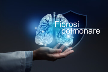 Medical banner Pulmonary fibrosis with italian translation Fibrosi polmonare on blue background  with  large copy space - obrazy, fototapety, plakaty