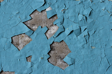 Blue peeling paint on the wall. Old concrete wall with cracked flaking paint. Weathered rough...