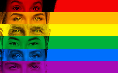 Male and female eyes of different ethnicities and ages in colors of LGBT community rainbow flag