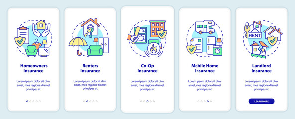 Types of property insurance onboarding mobile app screen. Real estate walkthrough 5 steps graphic instructions pages with linear concepts. UI, UX, GUI template. Myriad Pro-Bold, Regular fonts used