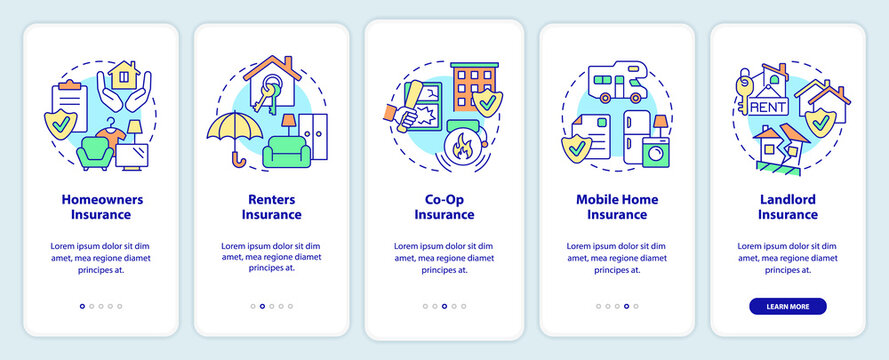 Types of property insurance onboarding mobile app screen. Real estate walkthrough 5 steps graphic instructions pages with linear concepts. UI, UX, GUI template. Myriad Pro-Bold, Regular fonts used