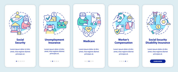 Federal social insurance includes onboarding mobile app screen. Payment walkthrough 5 steps graphic instructions pages with linear concepts. UI, UX, GUI template. Myriad Pro-Bold, Regular fonts used
