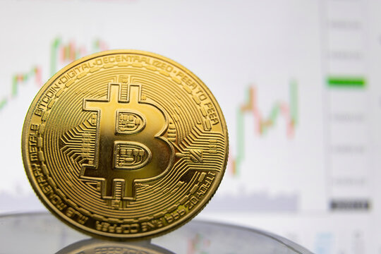bitcoin coin on the background of the graph close-up