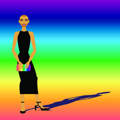 Vector illustration - portrait of a beautiful transgender man in a fashionable black dress with heels on a background of a rainbow gradient and space for copying. Concept - freedom of expression