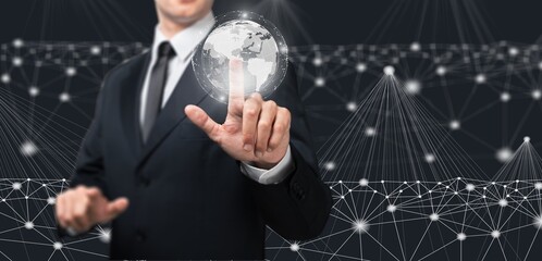 Global business, internet network connection. Businessman hand holding global network, futuristic...