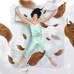 Illustration of brunette woman in pajamas on the bed