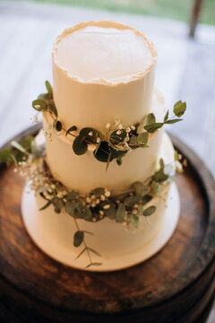 White wedding cake at the wedding ceremony. Sweet food