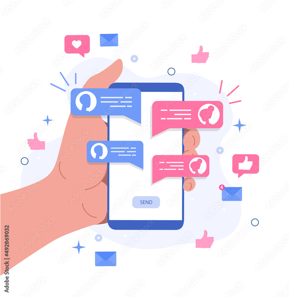 Poster concept of chatting. social networks and instant messengers, modern technologies and communication o