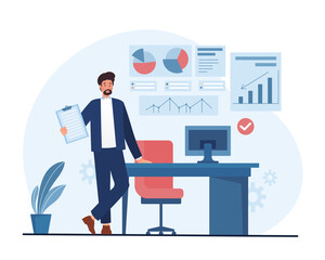 Businessman in office. Guy on background of graphs and diagrams. Analytical department, entrepreneur with report of subordinates plans development of organization. Cartoon flat vector illustration