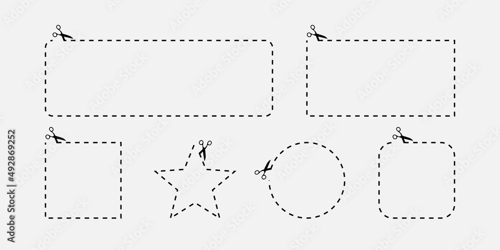 Poster scissors with cut line icon. scissors with cut out contours of shapes, square rectangle and circle. 